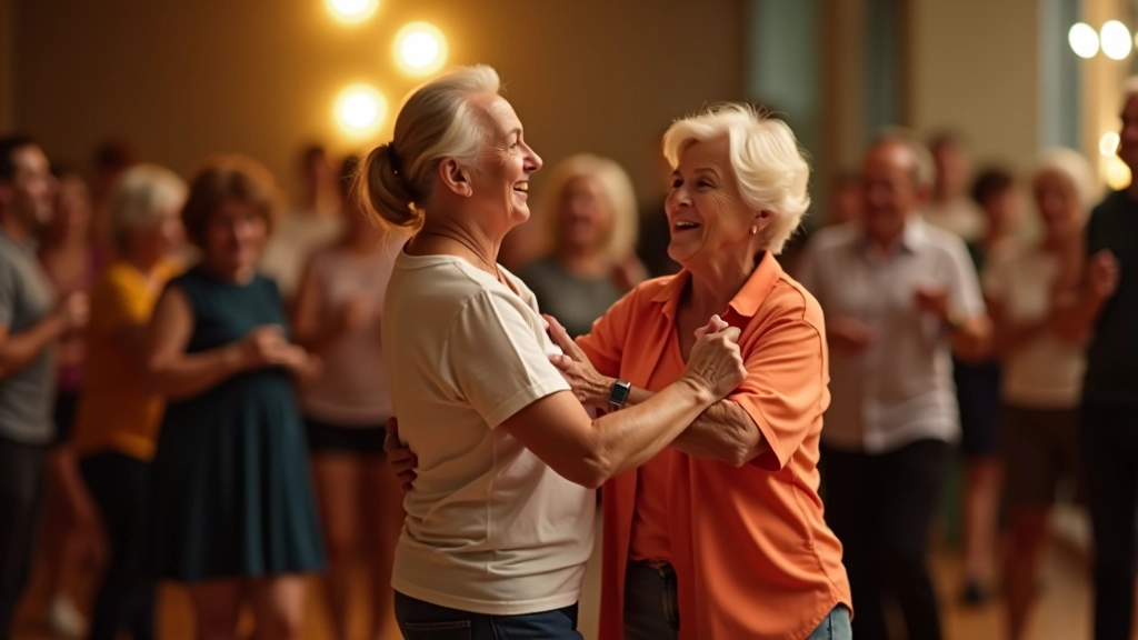 Active older adults enjoying energetic Latin dance movements for fitness