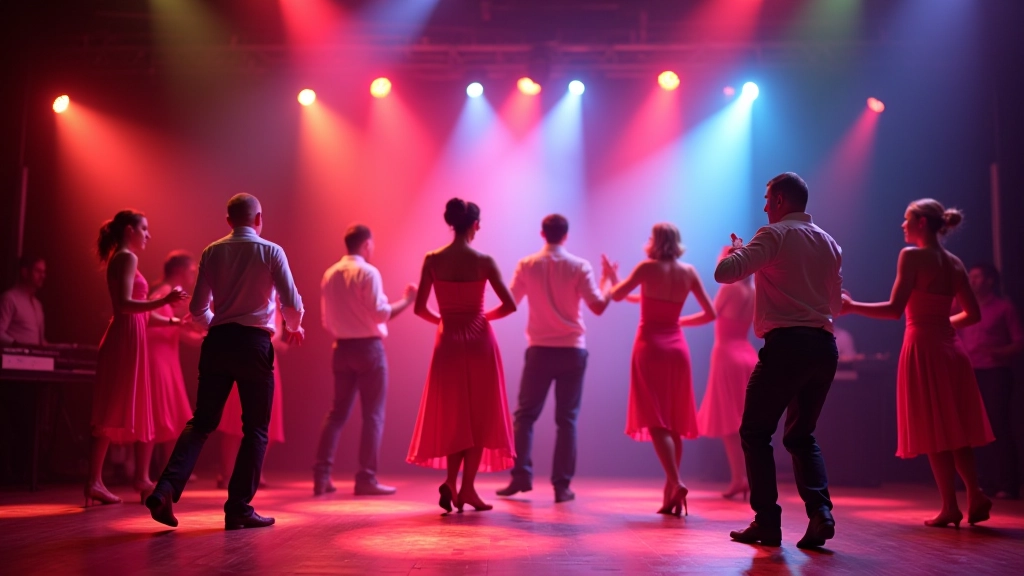 Colorful festival stage with dancers performing Latin dance routines