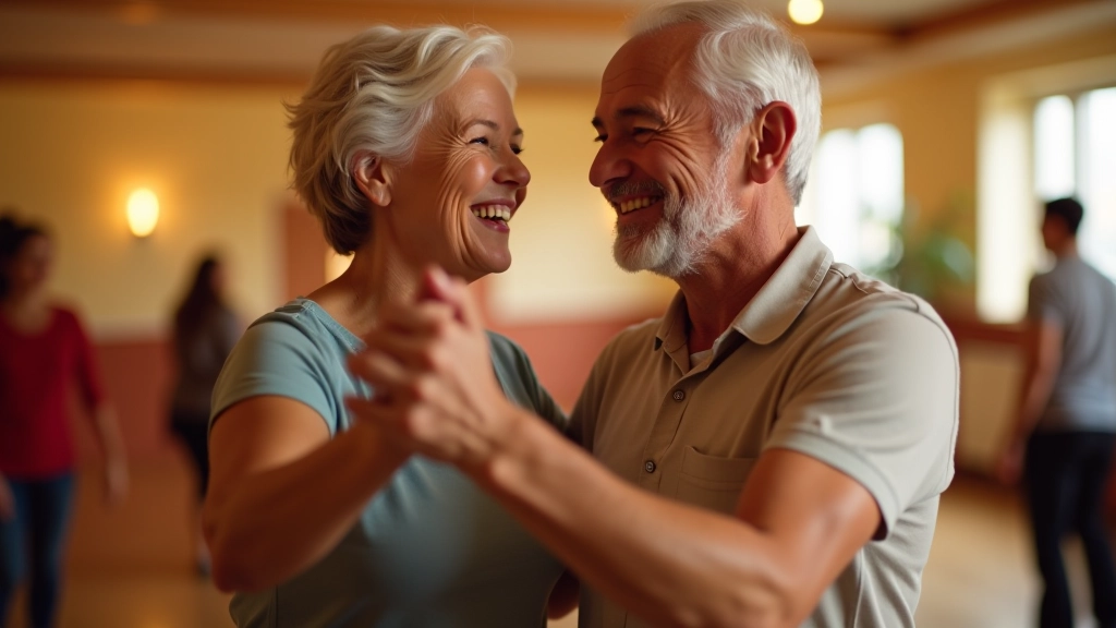 Two retirees smiling while dancing together, showing proper partner dance connection and rhythm
