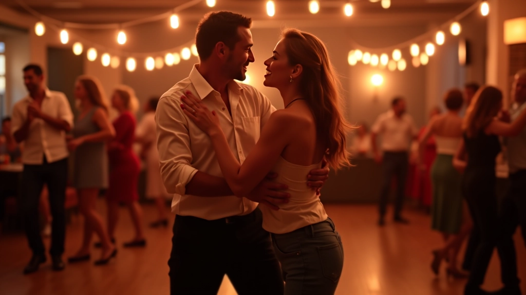Couples dancing bachata together in Porto venue, warm indoor lighting, intimate festival atmosphere, diverse age group participants