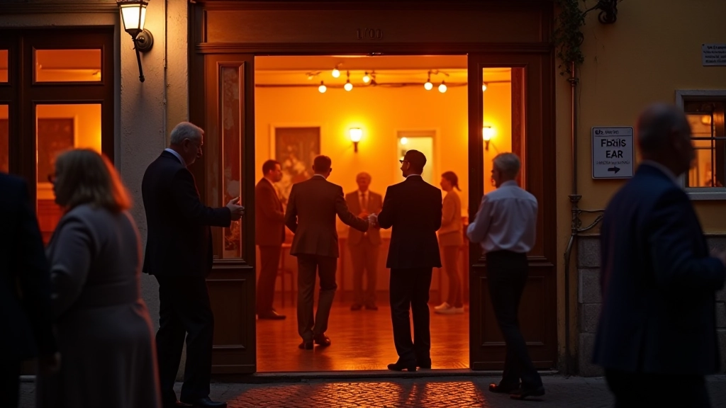 Welcoming dance hall entrance in Porto with open doors, warm lighting, and people greeting each other at the doorway