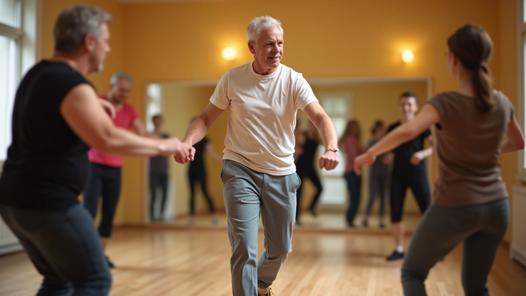 Instructor demonstrating salsa footwork technique to a group of attentive students in a Porto dance studio