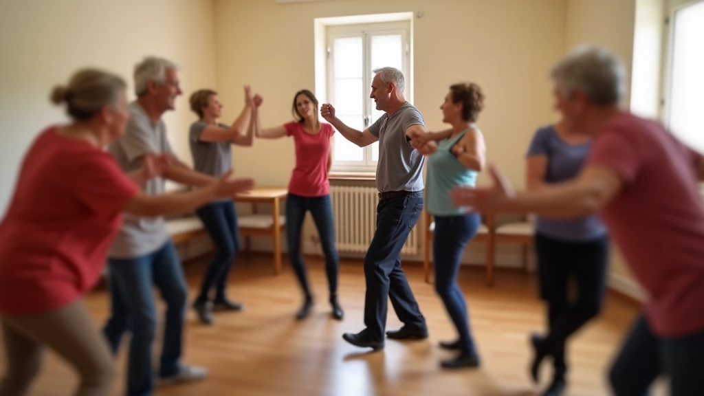 Regular weekly dance class in community space, instructor demonstrating steps to mixed-age group participants