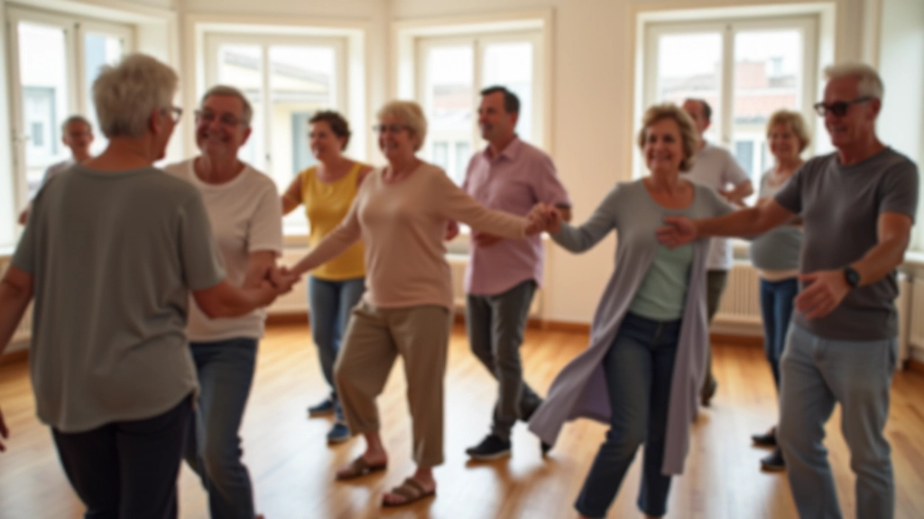 Group of retirees dancing together in a bright community dance studio in Portugal, smiling and moving together to Latin music, professional photography