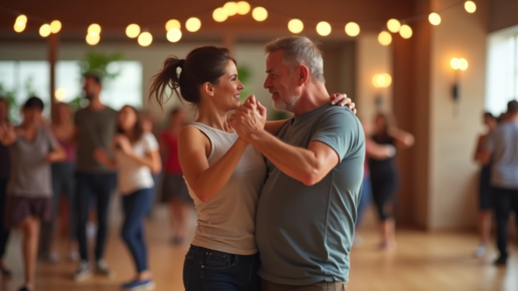 Energetic couple dancing bachata in a fitness studio setting, showing dynamic movement