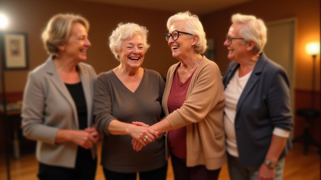 Group of retirees in a dance studio laughing and socializing during a workshop break