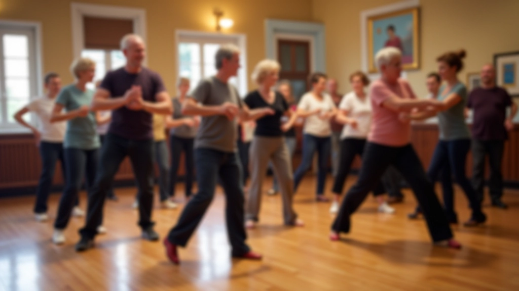 Community dance group performing synchronized Latin dance routine indoors, civic center venue, participants of various ages, coordinated movement