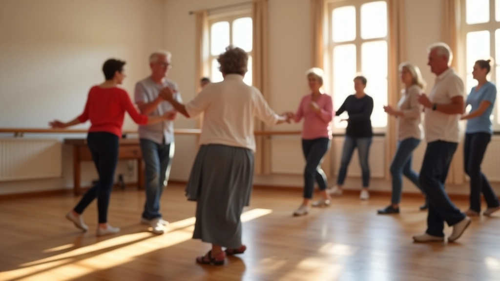 Group of retirees learning partner dance together in a bright dance studio with wooden floors