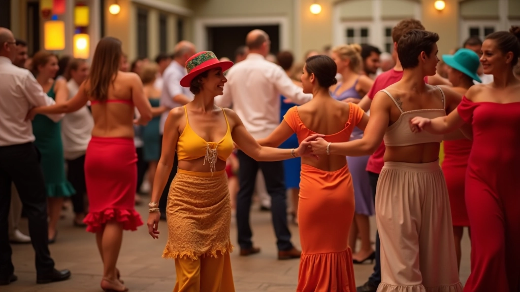 Latin dance festival with colorful costumes and lively atmosphere