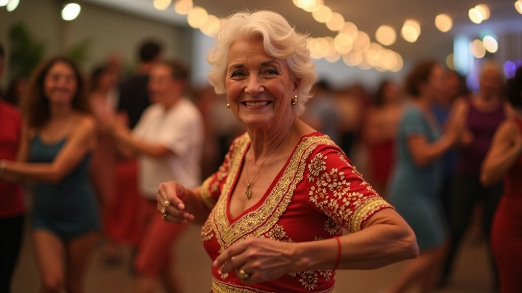 Older dancer in colorful dance outfit at festival, smiling with confidence while learning dance steps, supportive atmosphere