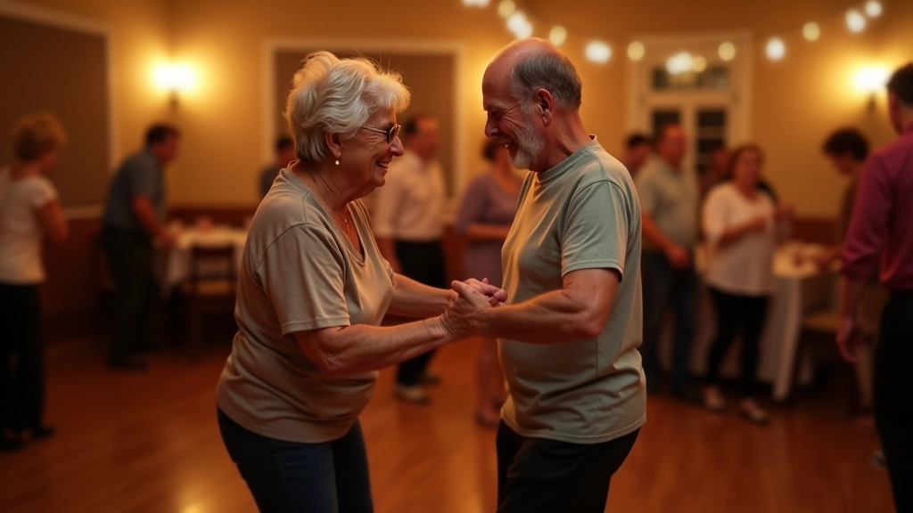 Group of mature dancers in Porto dance hall, smiling and enjoying themselves during a salsa evening