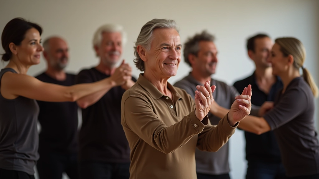 Diverse retirees of different ages and abilities participating in a partner dance workshop