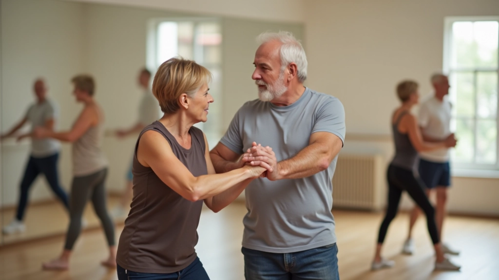 Older adults dancing energetically in a studio with natural light and mirrors