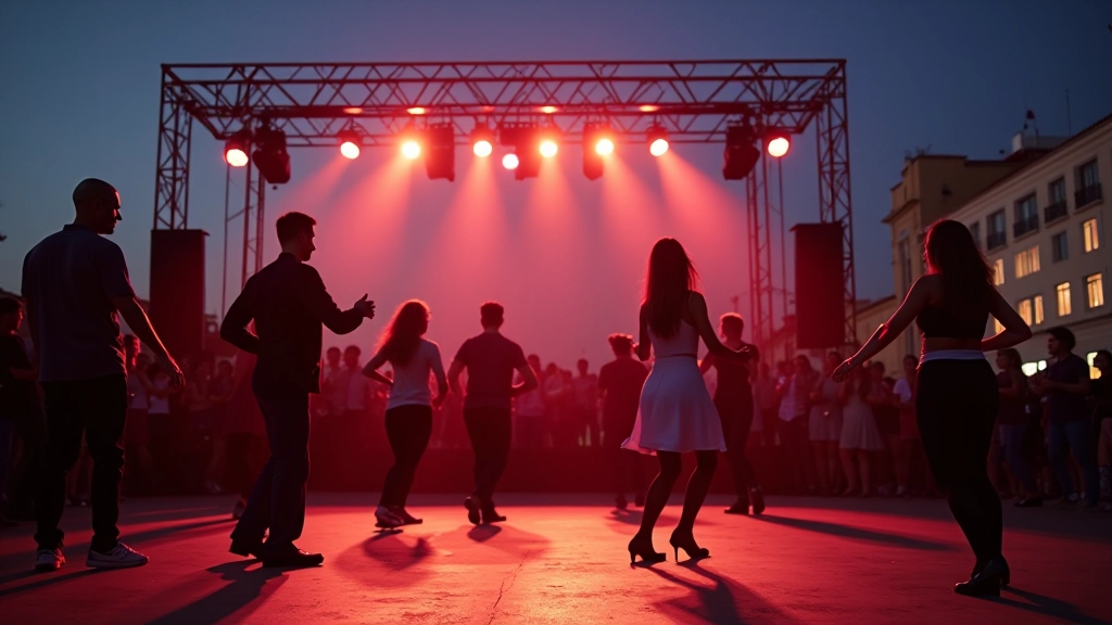 Large outdoor Lisbon festival stage with professional Latin dancers performing, illuminated evening setting, crowds gathered, Portuguese architecture visible