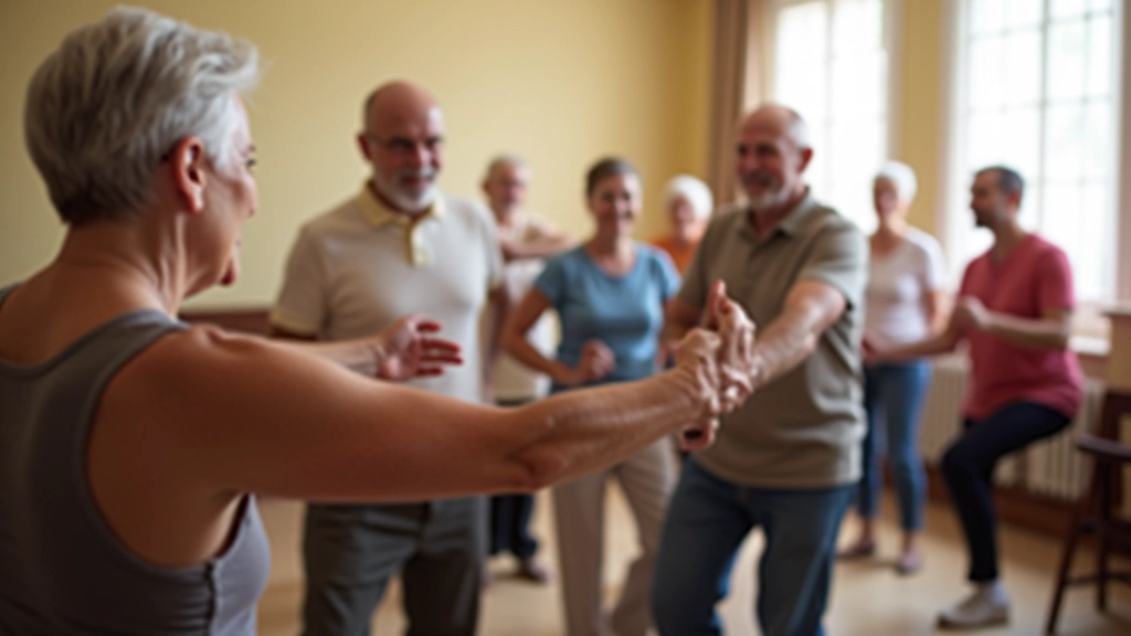 Partner dance workshop instructor teaching technique to attentive retirees in a bright studio