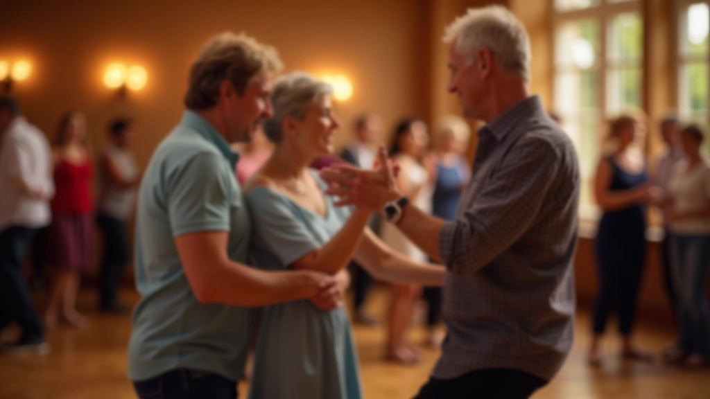 Partner dance workshop with instructor guiding couples through dance movements