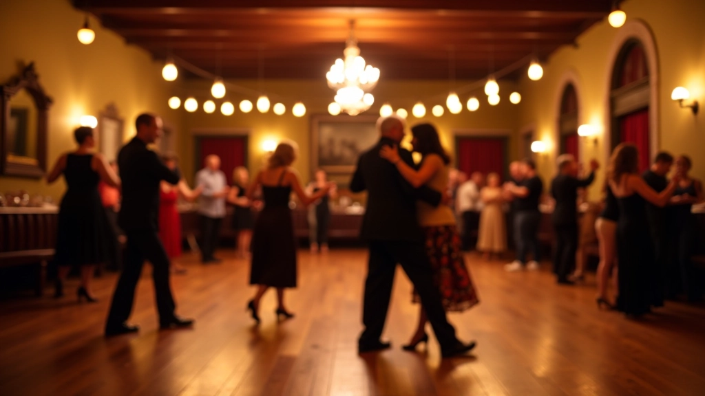 Porto dance hall with wooden floor, warm lighting, and dancers in traditional Latin dance setting