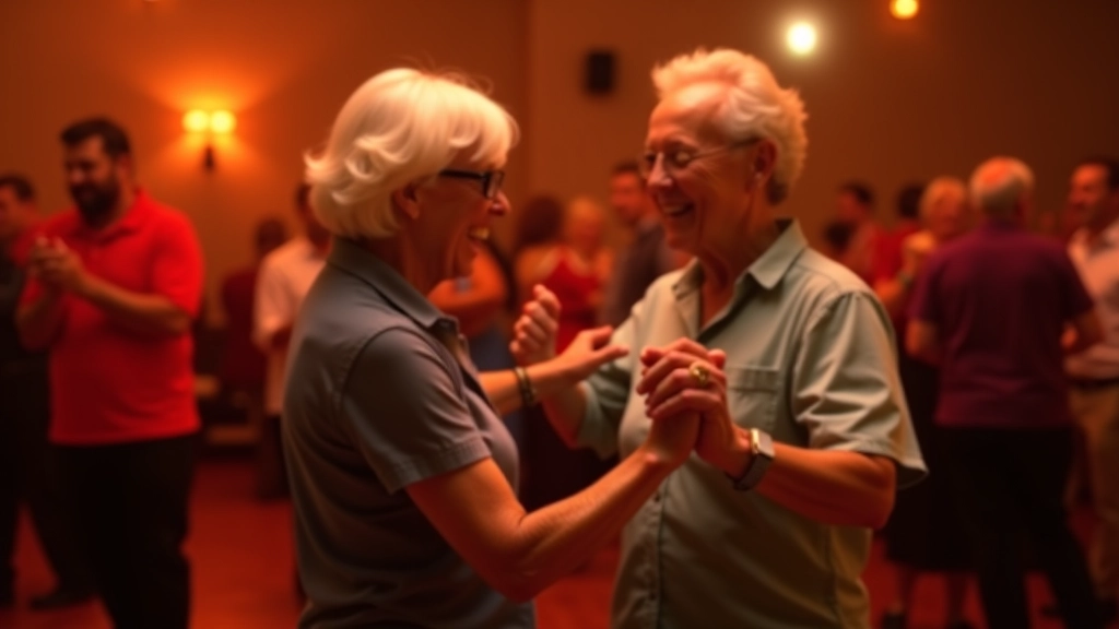 Retirees enjoying Latin dance in community hall