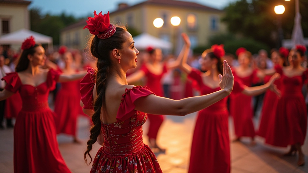 Vibrant Latin dance festival celebration in Portugal with dancers in colorful traditional costumes performing on an outdoor stage, festival crowds in background, evening lighting
