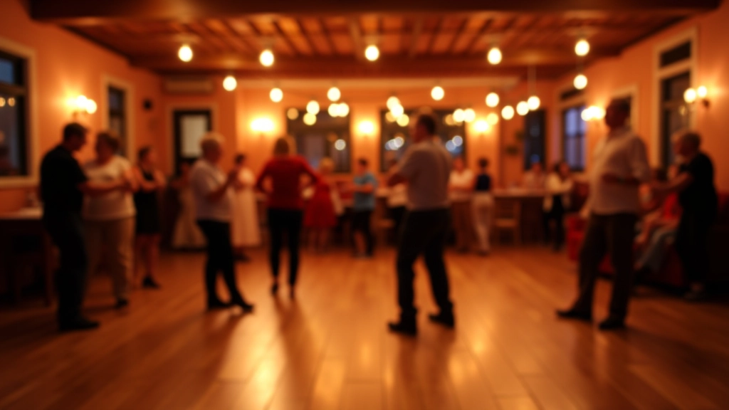 Warm interior of a community dance hall with wooden dance floor and ambient lighting
